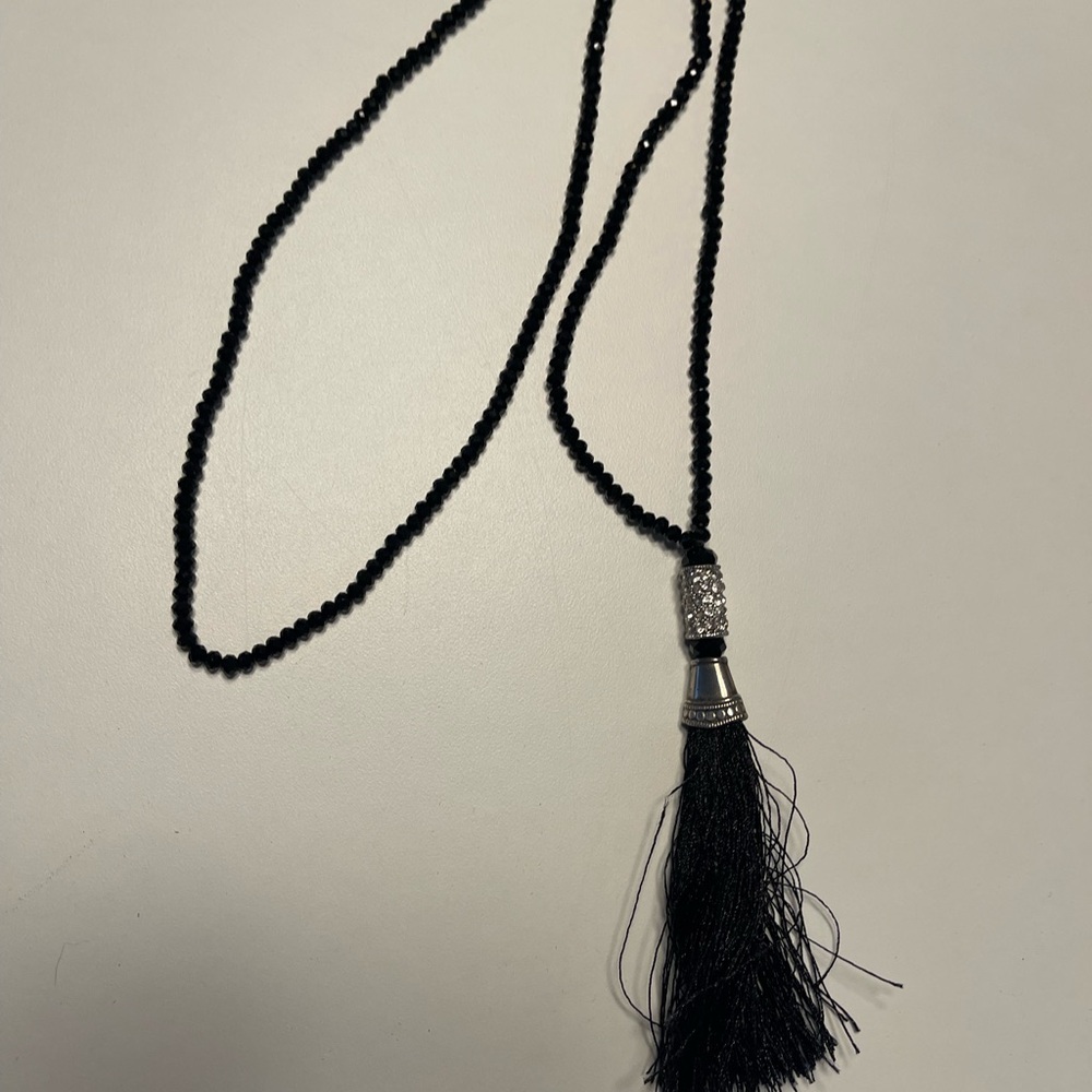 Chic Black Beaded Necklace with Silver Tassel